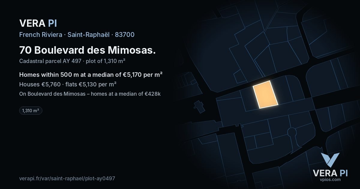 70 Boulevard des Mimosas, Saint-Raphaël at night – the plot lit, the parcels around coloured by the prices near them
