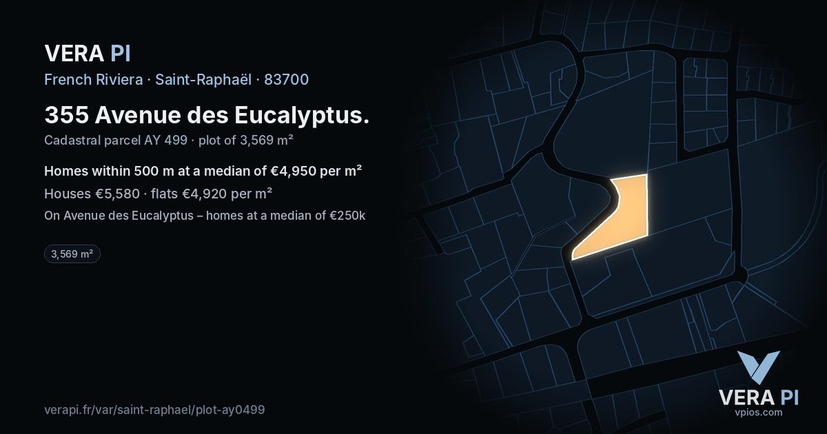355 Avenue des Eucalyptus, Saint-Raphaël at night – the plot lit, the parcels around coloured by the prices near them