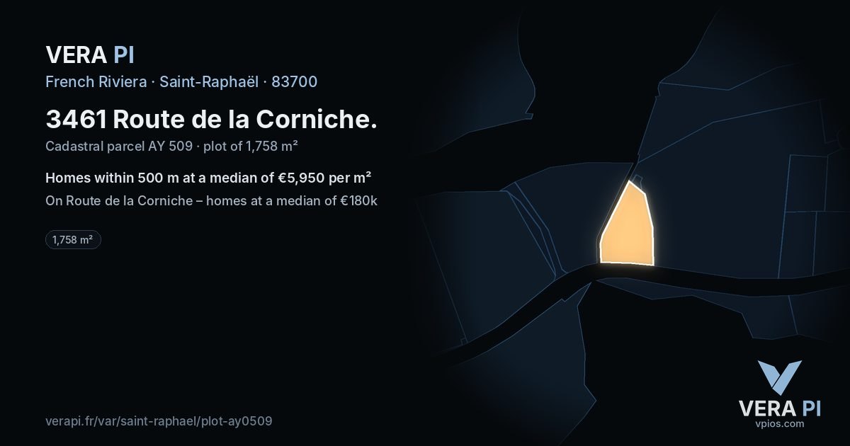 3461 Route de la Corniche, Saint-Raphaël at night – the plot lit, the parcels around coloured by the prices near them