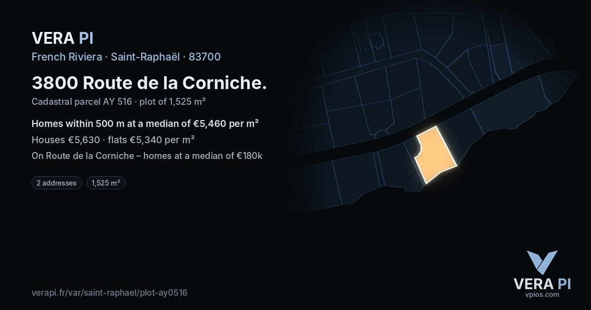 3800 Route de la Corniche, Saint-Raphaël at night – the plot lit, the parcels around coloured by the prices near them