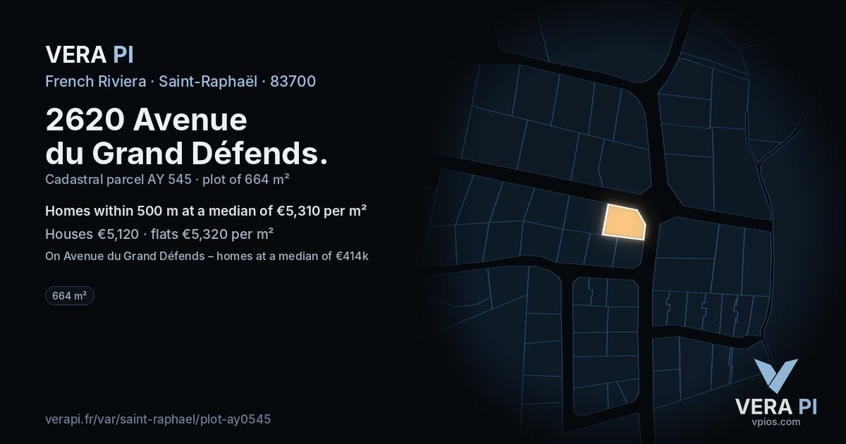 2620 Avenue du Grand Défends, Saint-Raphaël at night – the plot lit, the parcels around coloured by the prices near them