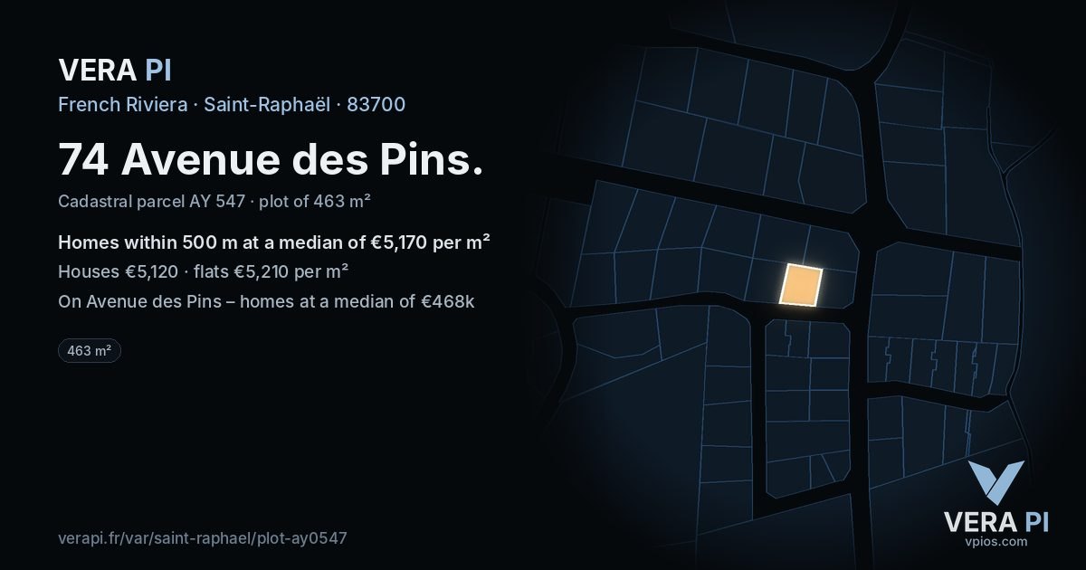 74 Avenue des Pins, Saint-Raphaël at night – the plot lit, the parcels around coloured by the prices near them