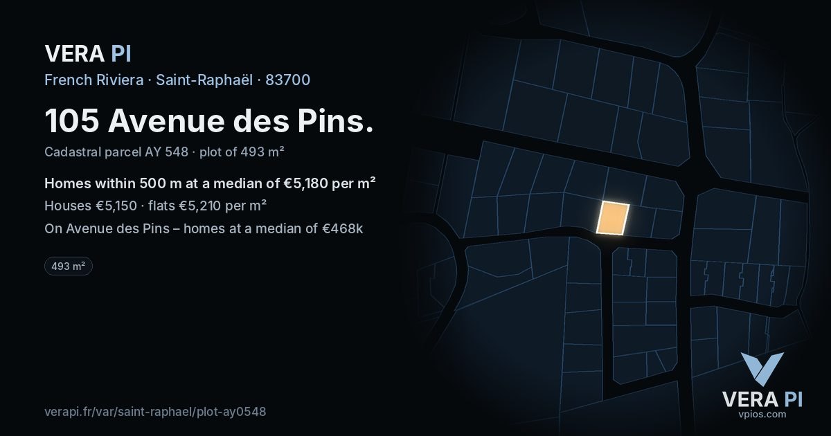 105 Avenue des Pins, Saint-Raphaël at night – the plot lit, the parcels around coloured by the prices near them