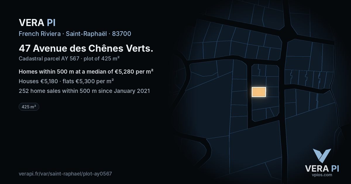 47 Avenue des Chênes Verts, Saint-Raphaël at night – the plot lit, the parcels around coloured by the prices near them