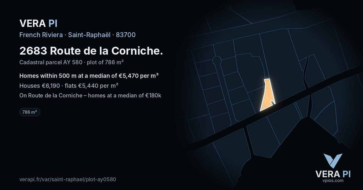 2683 Route de la Corniche, Saint-Raphaël at night – the plot lit, the parcels around coloured by the prices near them