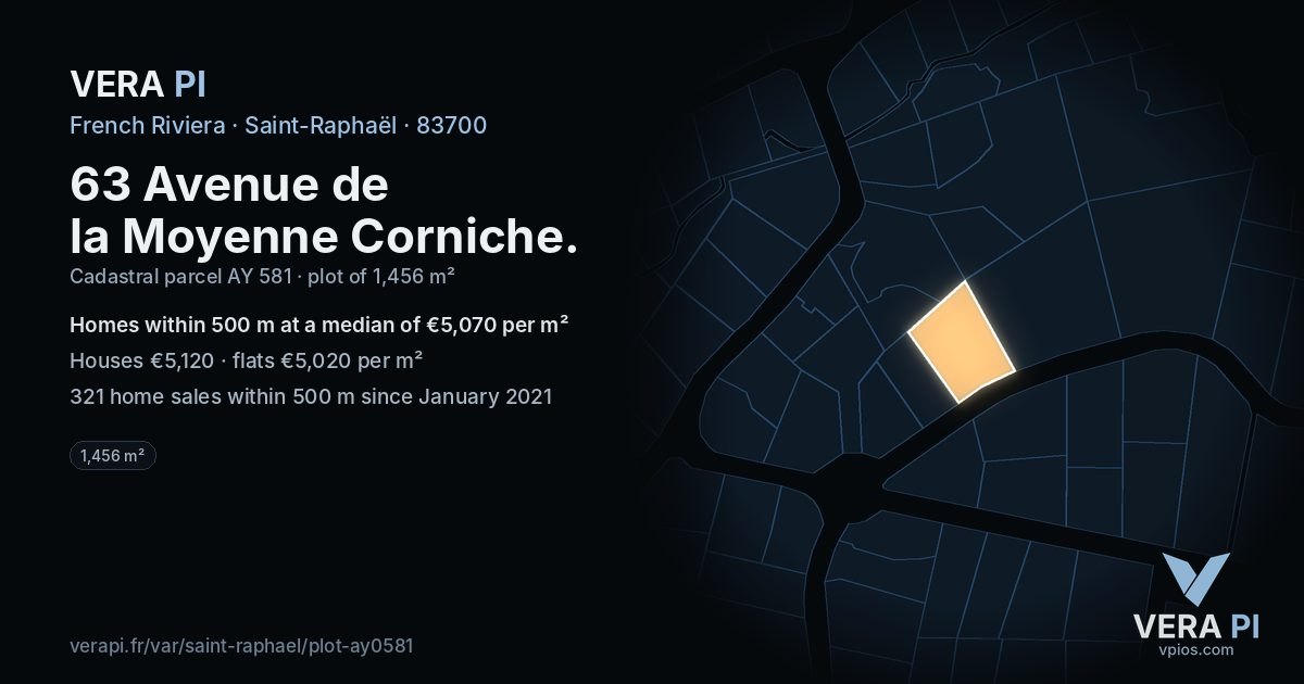 63 Avenue de la Moyenne Corniche, Saint-Raphaël at night – the plot lit, the parcels around coloured by the prices near them
