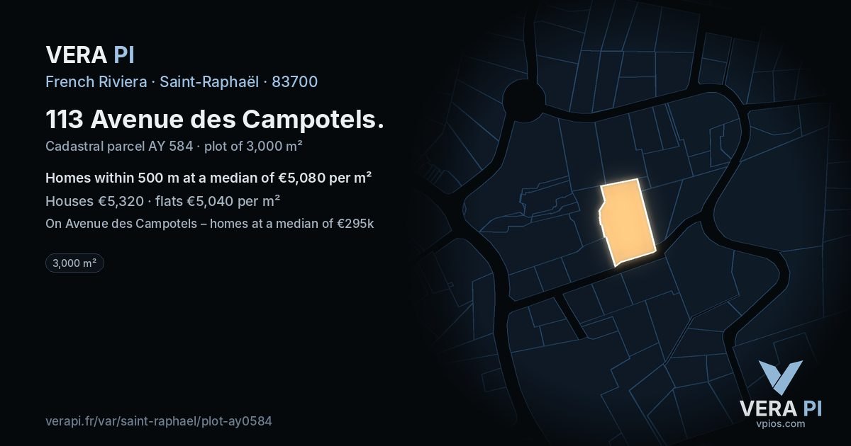 113 Avenue des Campotels, Saint-Raphaël at night – the plot lit, the parcels around coloured by the prices near them