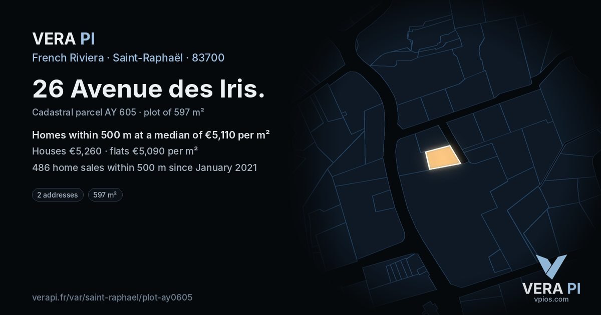 26 Avenue des Iris, Saint-Raphaël at night – the plot lit, the parcels around coloured by the prices near them