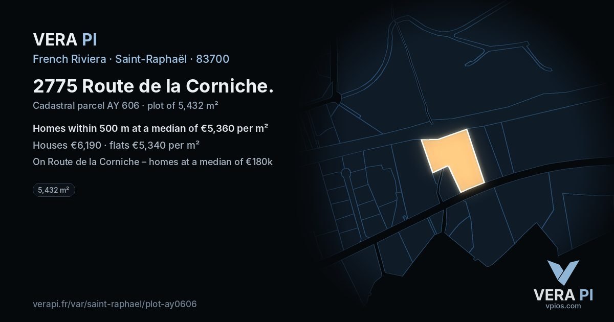 2775 Route de la Corniche, Saint-Raphaël at night – the plot lit, the parcels around coloured by the prices near them