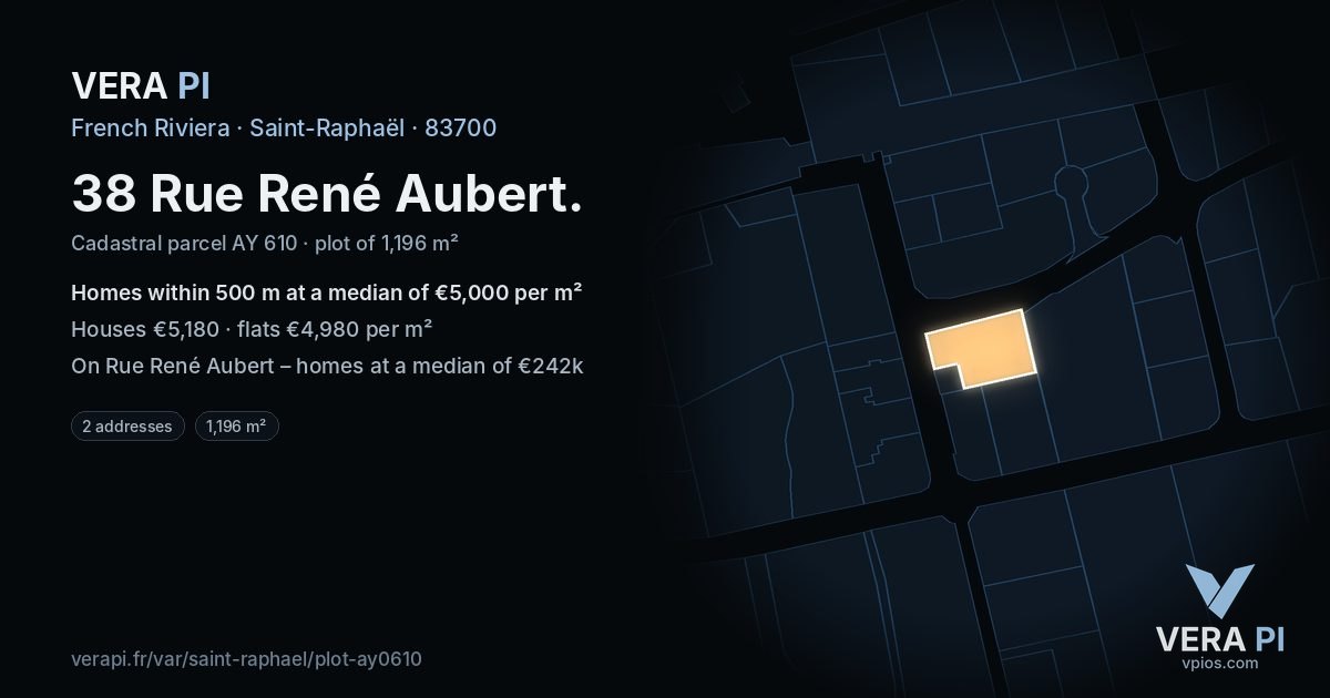 38 Rue René Aubert, Saint-Raphaël at night – the plot lit, the parcels around coloured by the prices near them