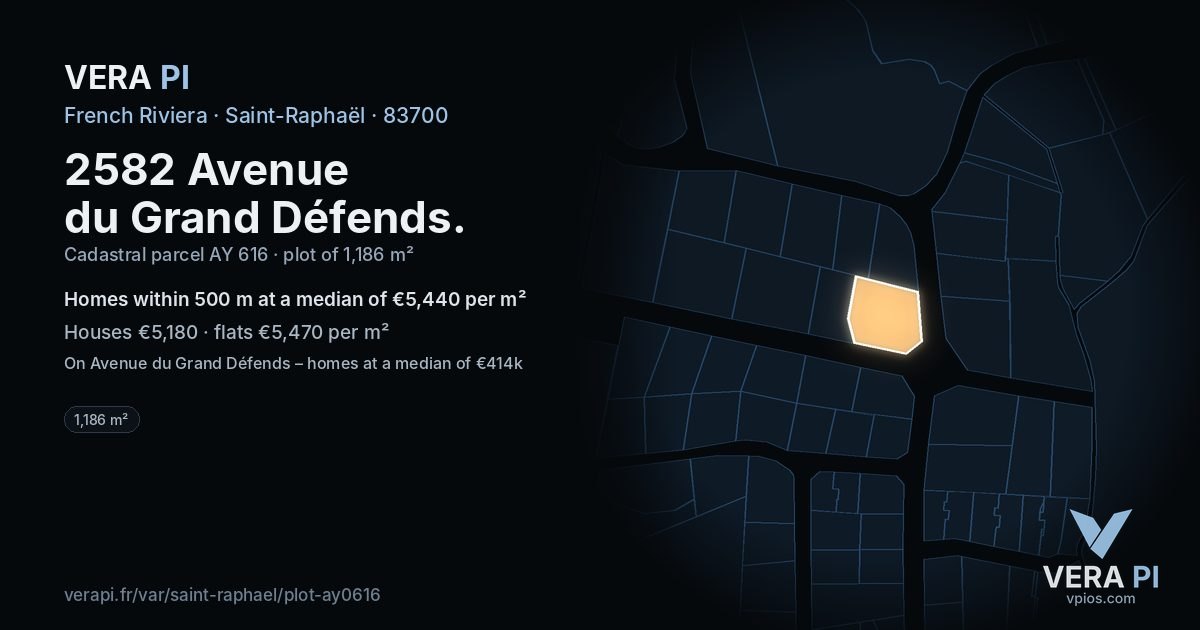 2582 Avenue du Grand Défends, Saint-Raphaël at night – the plot lit, the parcels around coloured by the prices near them