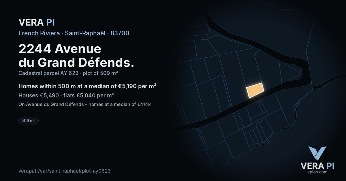 2244 Avenue du Grand Défends, Saint-Raphaël at night – the plot lit, the parcels around coloured by the prices near them
