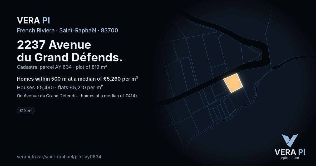 2237 Avenue du Grand Défends, Saint-Raphaël at night – the plot lit, the parcels around coloured by the prices near them
