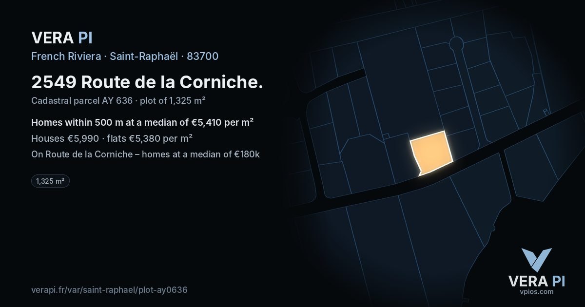2549 Route de la Corniche, Saint-Raphaël at night – the plot lit, the parcels around coloured by the prices near them