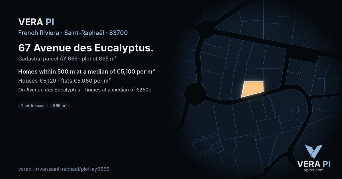 67 Avenue des Eucalyptus, Saint-Raphaël at night – the plot lit, the parcels around coloured by the prices near them