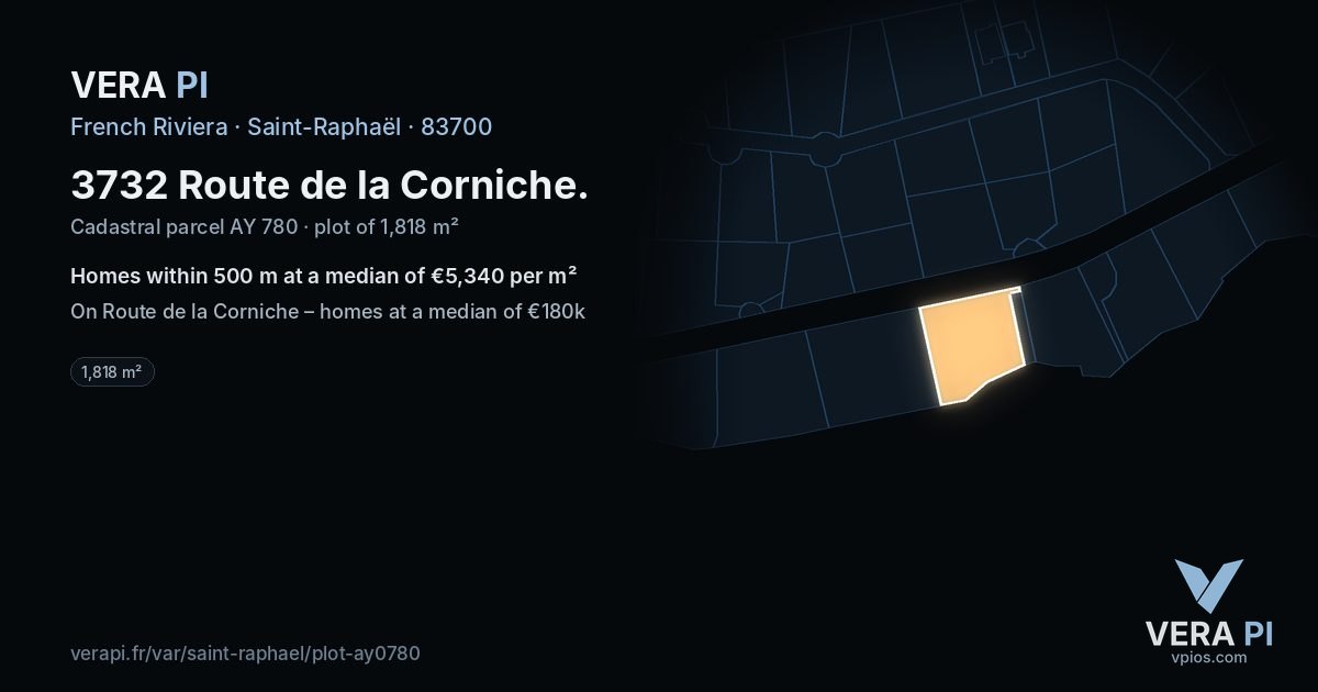 3732 Route de la Corniche, Saint-Raphaël at night – the plot lit, the parcels around coloured by the prices near them