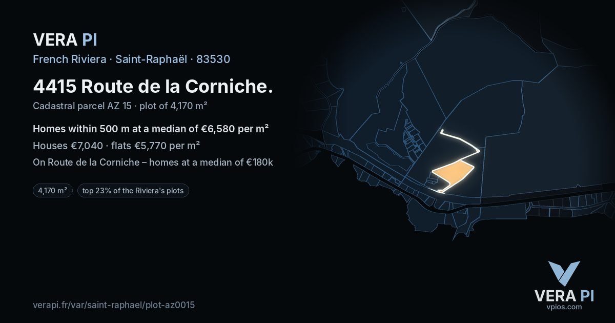 4415 Route de la Corniche, Saint-Raphaël at night – the plot lit, the parcels around coloured by the prices near them