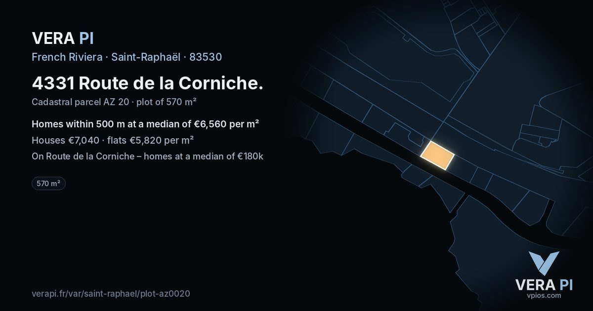 4331 Route de la Corniche, Saint-Raphaël at night – the plot lit, the parcels around coloured by the prices near them