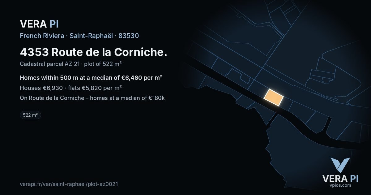 4353 Route de la Corniche, Saint-Raphaël at night – the plot lit, the parcels around coloured by the prices near them