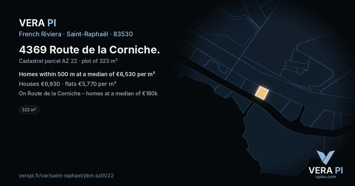 4369 Route de la Corniche, Saint-Raphaël at night – the plot lit, the parcels around coloured by the prices near them