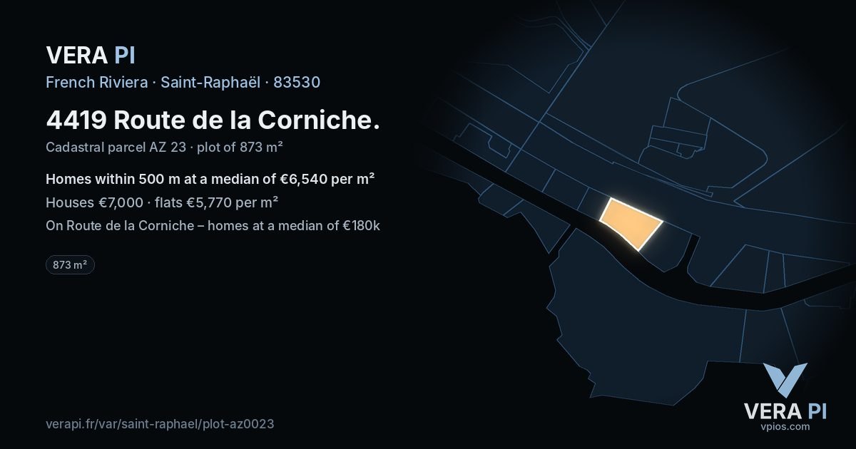 4419 Route de la Corniche, Saint-Raphaël at night – the plot lit, the parcels around coloured by the prices near them