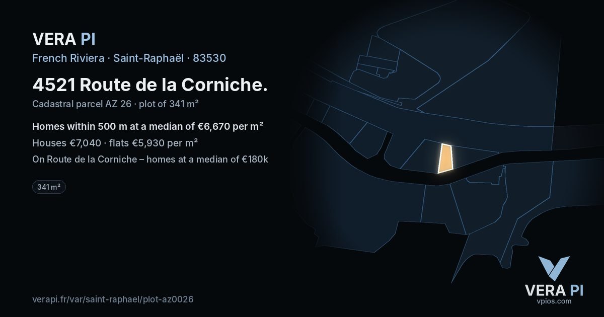 4521 Route de la Corniche, Saint-Raphaël at night – the plot lit, the parcels around coloured by the prices near them