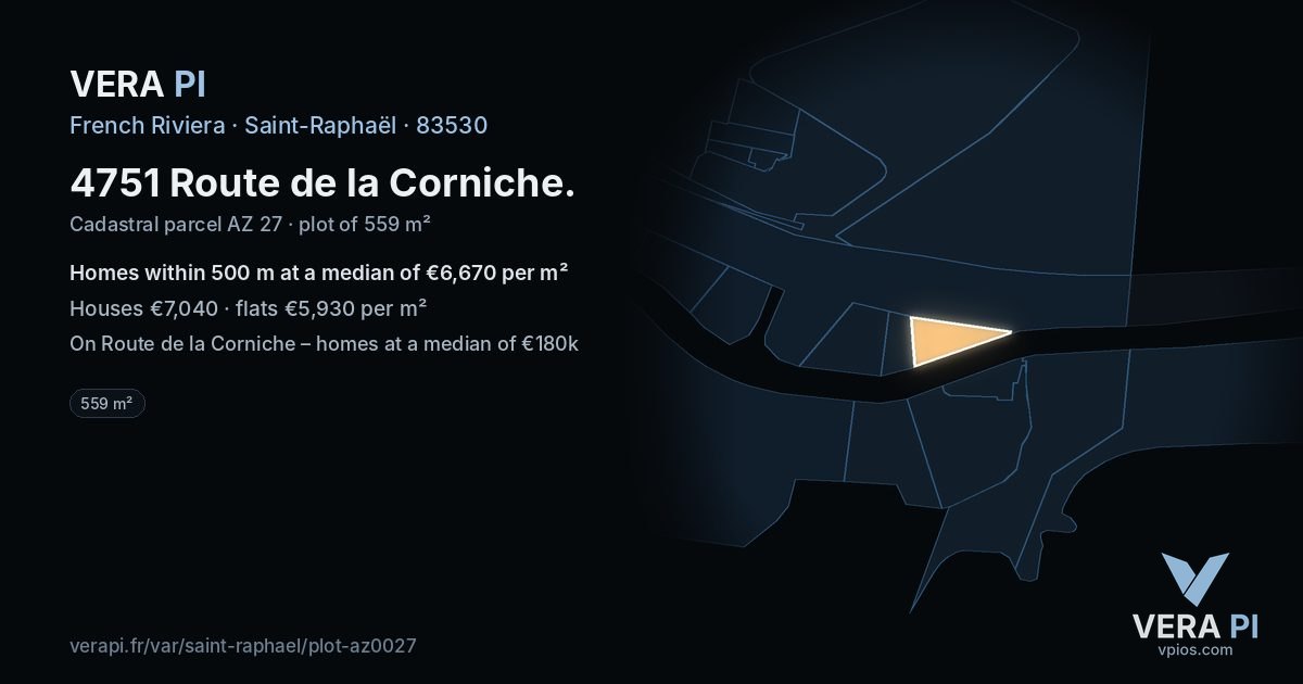 4751 Route de la Corniche, Saint-Raphaël at night – the plot lit, the parcels around coloured by the prices near them