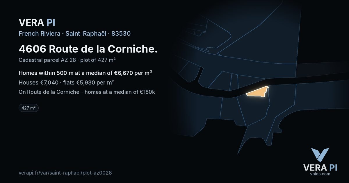 4606 Route de la Corniche, Saint-Raphaël at night – the plot lit, the parcels around coloured by the prices near them