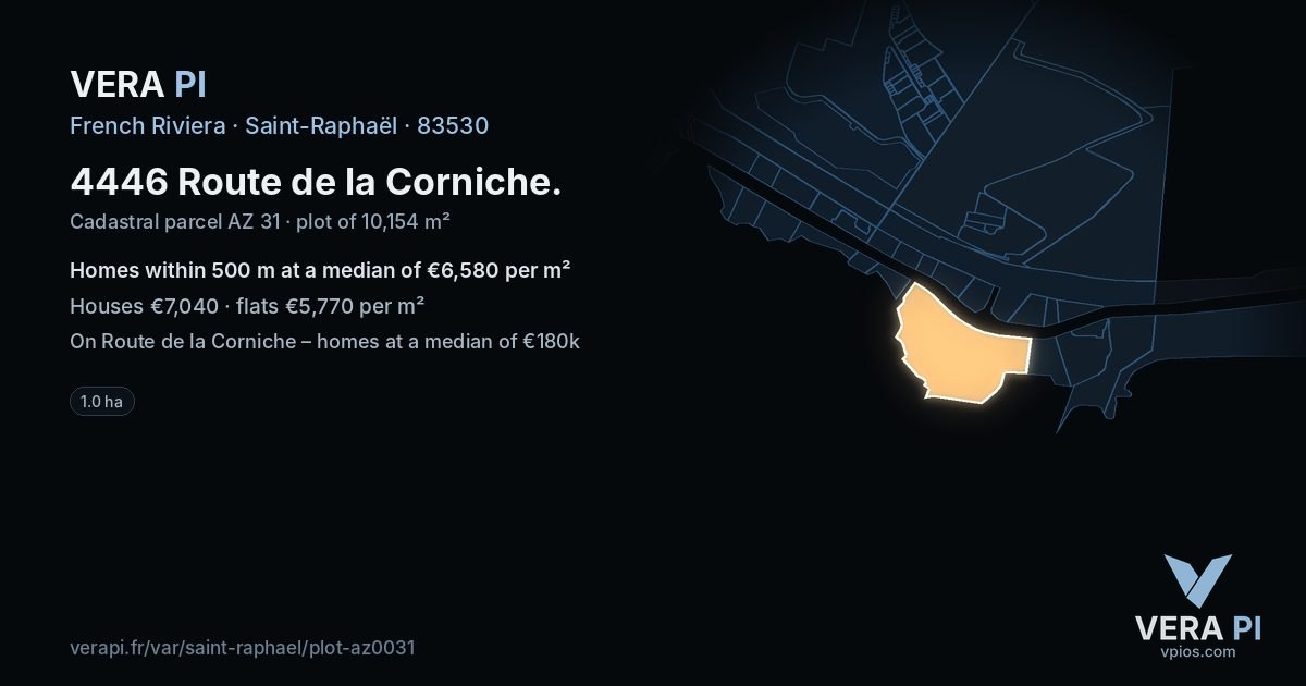 4446 Route de la Corniche, Saint-Raphaël at night – the plot lit, the parcels around coloured by the prices near them