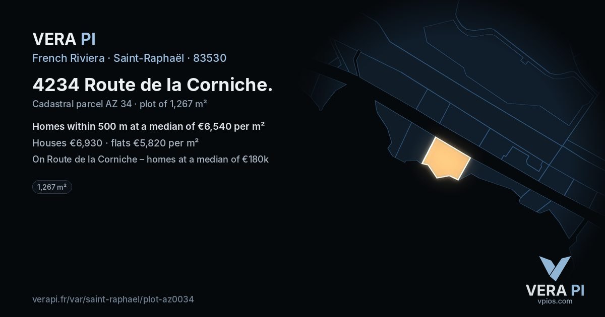 4234 Route de la Corniche, Saint-Raphaël at night – the plot lit, the parcels around coloured by the prices near them