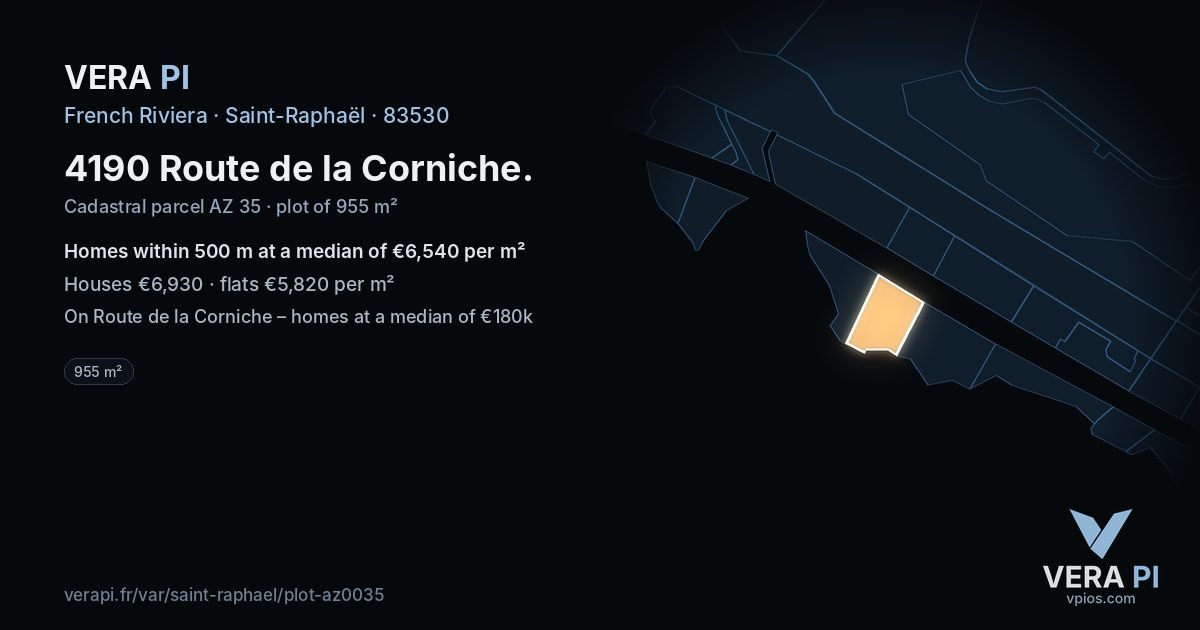 4190 Route de la Corniche, Saint-Raphaël at night – the plot lit, the parcels around coloured by the prices near them