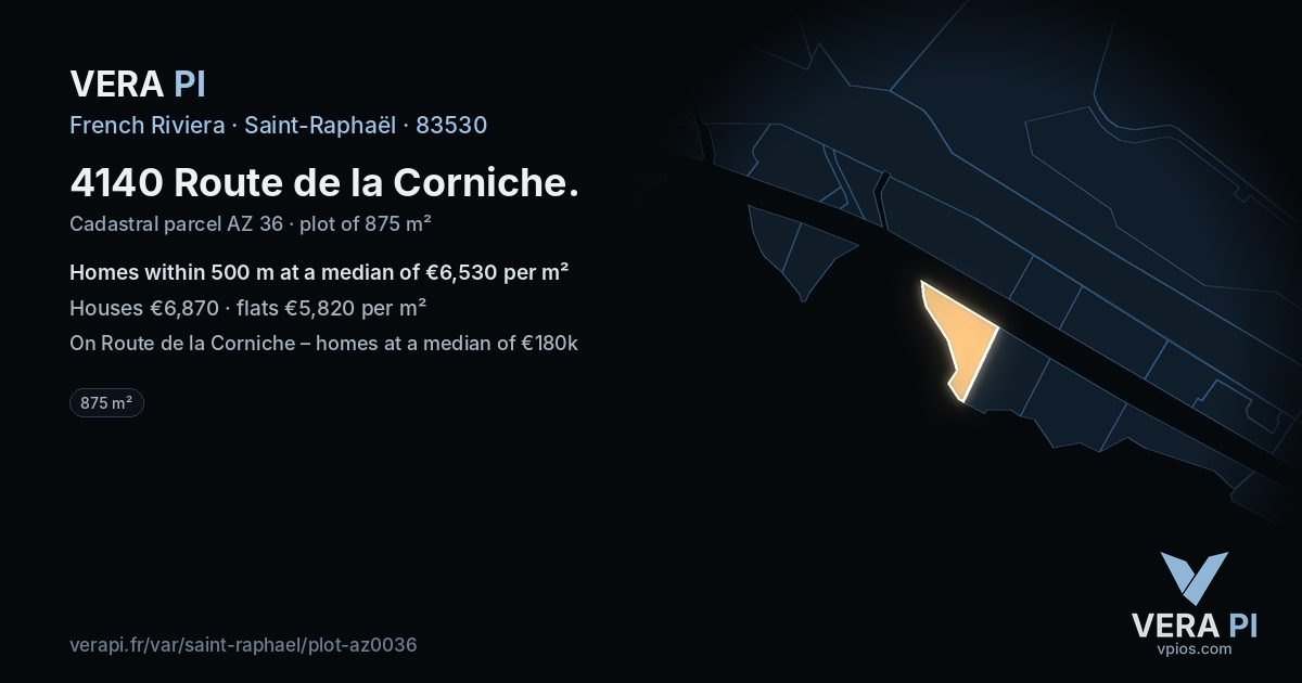 4140 Route de la Corniche, Saint-Raphaël at night – the plot lit, the parcels around coloured by the prices near them