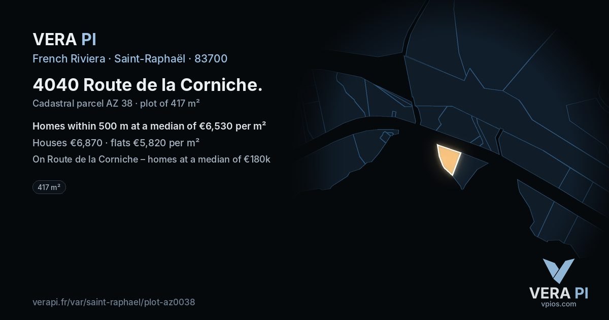 4040 Route de la Corniche, Saint-Raphaël at night – the plot lit, the parcels around coloured by the prices near them
