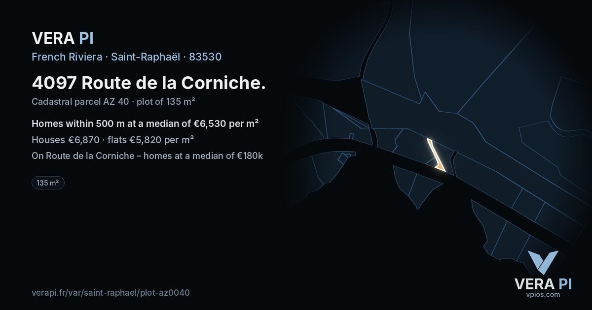 4097 Route de la Corniche, Saint-Raphaël at night – the plot lit, the parcels around coloured by the prices near them
