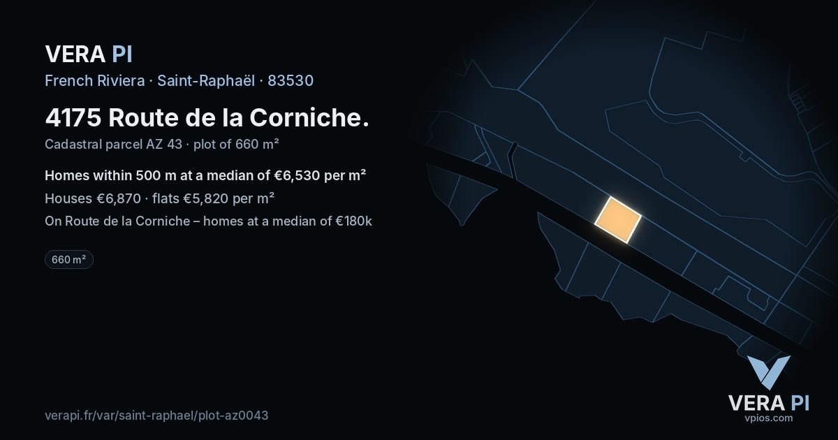 4175 Route de la Corniche, Saint-Raphaël at night – the plot lit, the parcels around coloured by the prices near them