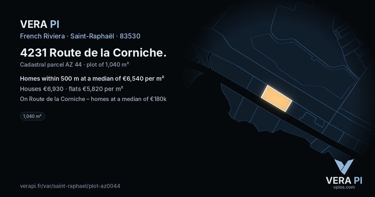 4231 Route de la Corniche, Saint-Raphaël at night – the plot lit, the parcels around coloured by the prices near them