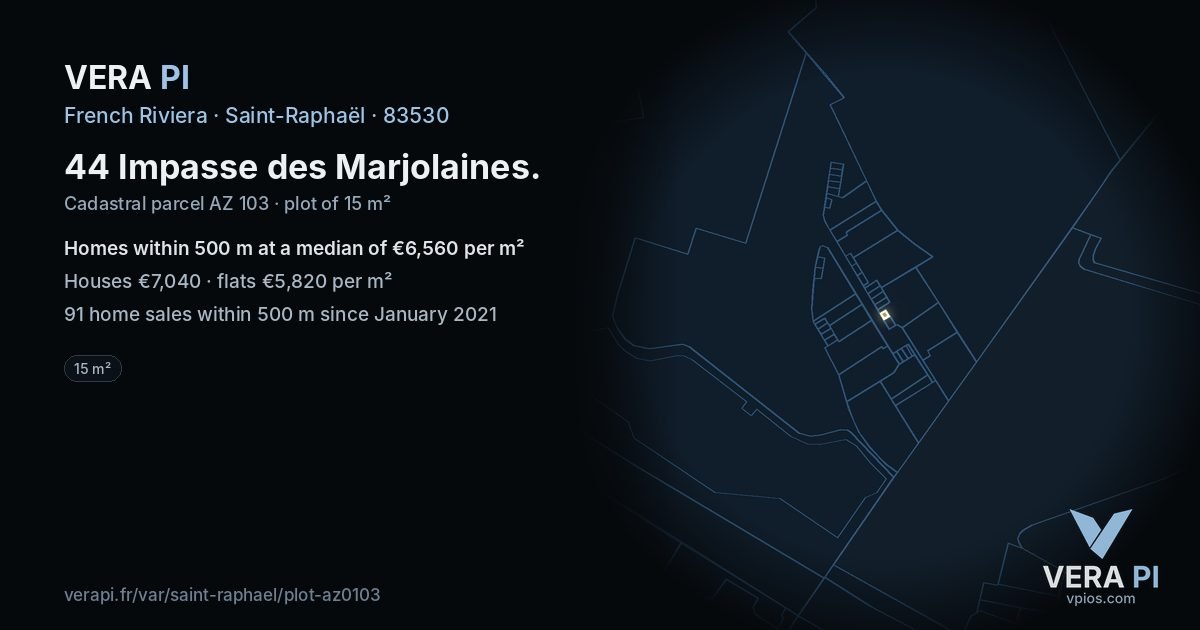 44 Impasse des Marjolaines, Saint-Raphaël at night – the plot lit, the parcels around coloured by the prices near them