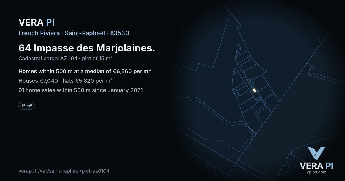 64 Impasse des Marjolaines, Saint-Raphaël at night – the plot lit, the parcels around coloured by the prices near them