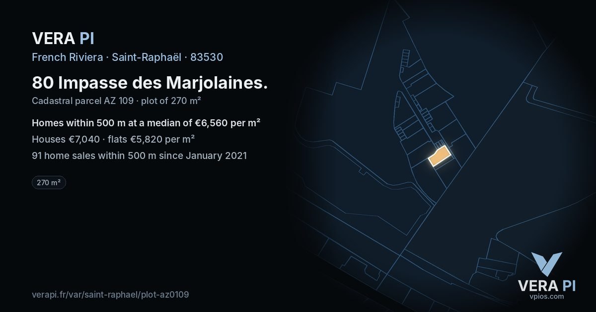 80 Impasse des Marjolaines, Saint-Raphaël at night – the plot lit, the parcels around coloured by the prices near them