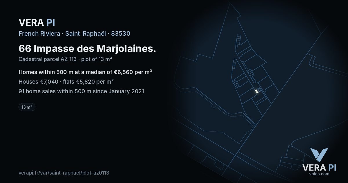 66 Impasse des Marjolaines, Saint-Raphaël at night – the plot lit, the parcels around coloured by the prices near them