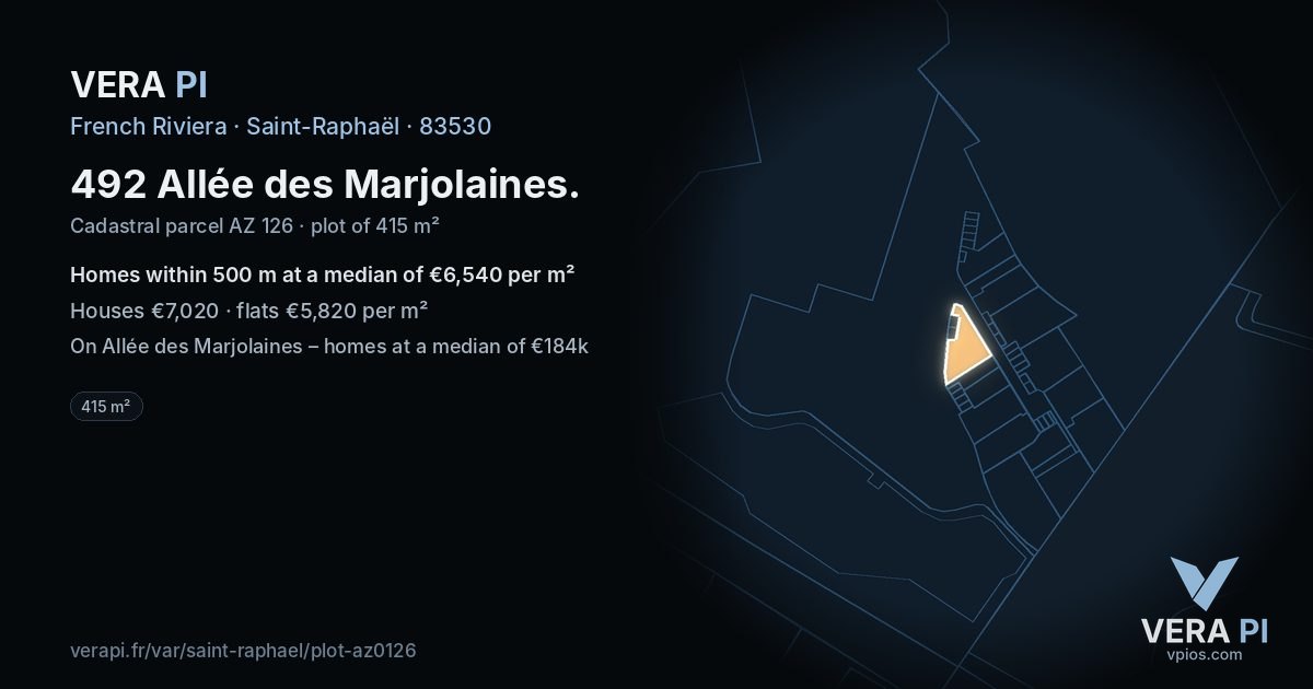 492 Allée des Marjolaines, Saint-Raphaël at night – the plot lit, the parcels around coloured by the prices near them