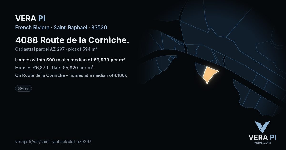 4088 Route de la Corniche, Saint-Raphaël at night – the plot lit, the parcels around coloured by the prices near them