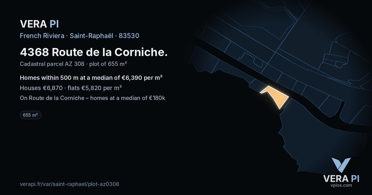 4368 Route de la Corniche, Saint-Raphaël at night – the plot lit, the parcels around coloured by the prices near them