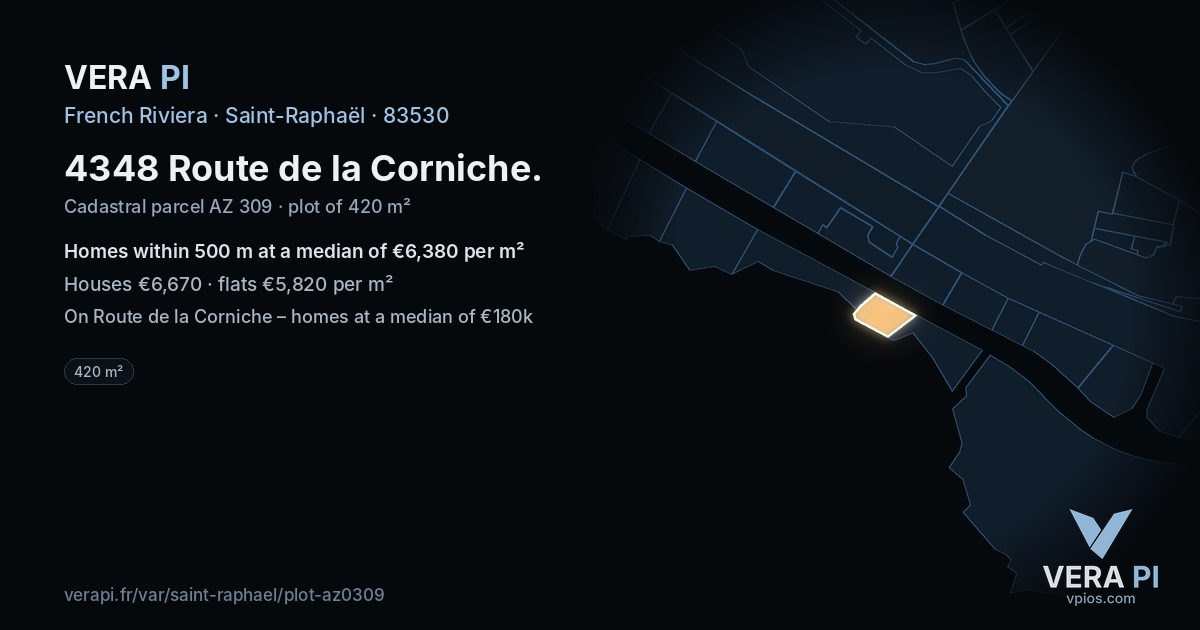 4348 Route de la Corniche, Saint-Raphaël at night – the plot lit, the parcels around coloured by the prices near them