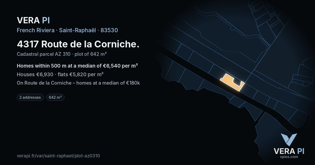 4317 Route de la Corniche, Saint-Raphaël at night – the plot lit, the parcels around coloured by the prices near them
