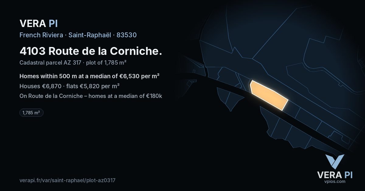 4103 Route de la Corniche, Saint-Raphaël at night – the plot lit, the parcels around coloured by the prices near them