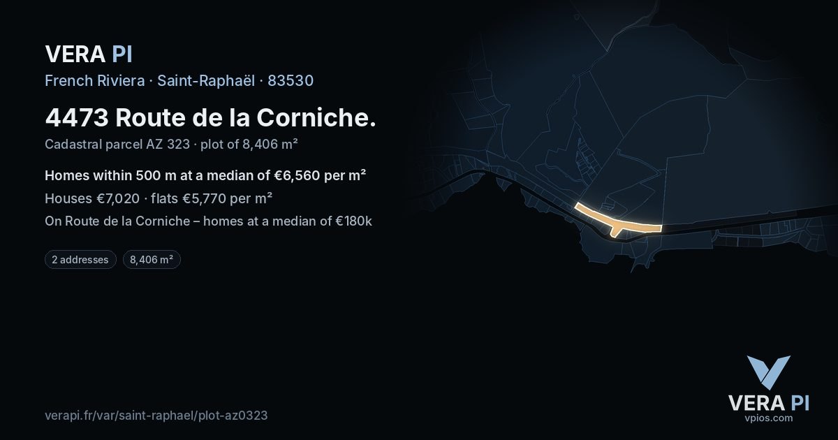 4473 Route de la Corniche, Saint-Raphaël at night – the plot lit, the parcels around coloured by the prices near them