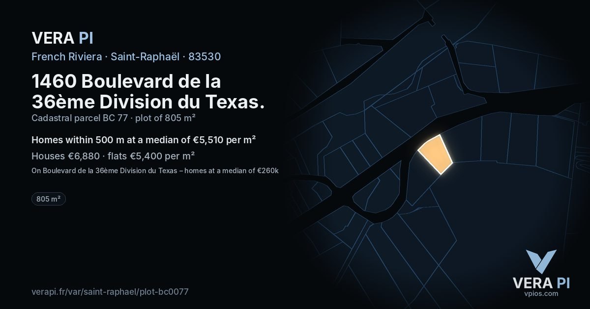 1460 Boulevard de la 36ème Division du Texas, Saint-Raphaël at night – the plot lit, the parcels around coloured by the prices near them
