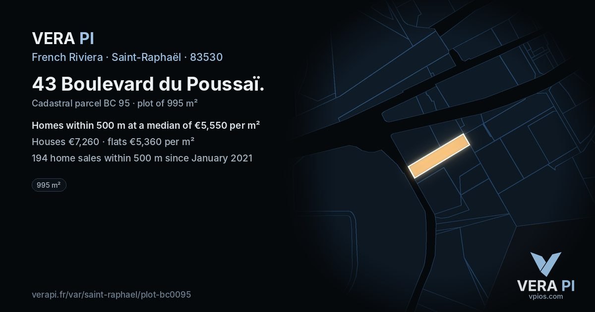 43 Boulevard du Poussaï, Saint-Raphaël at night – the plot lit, the parcels around coloured by the prices near them