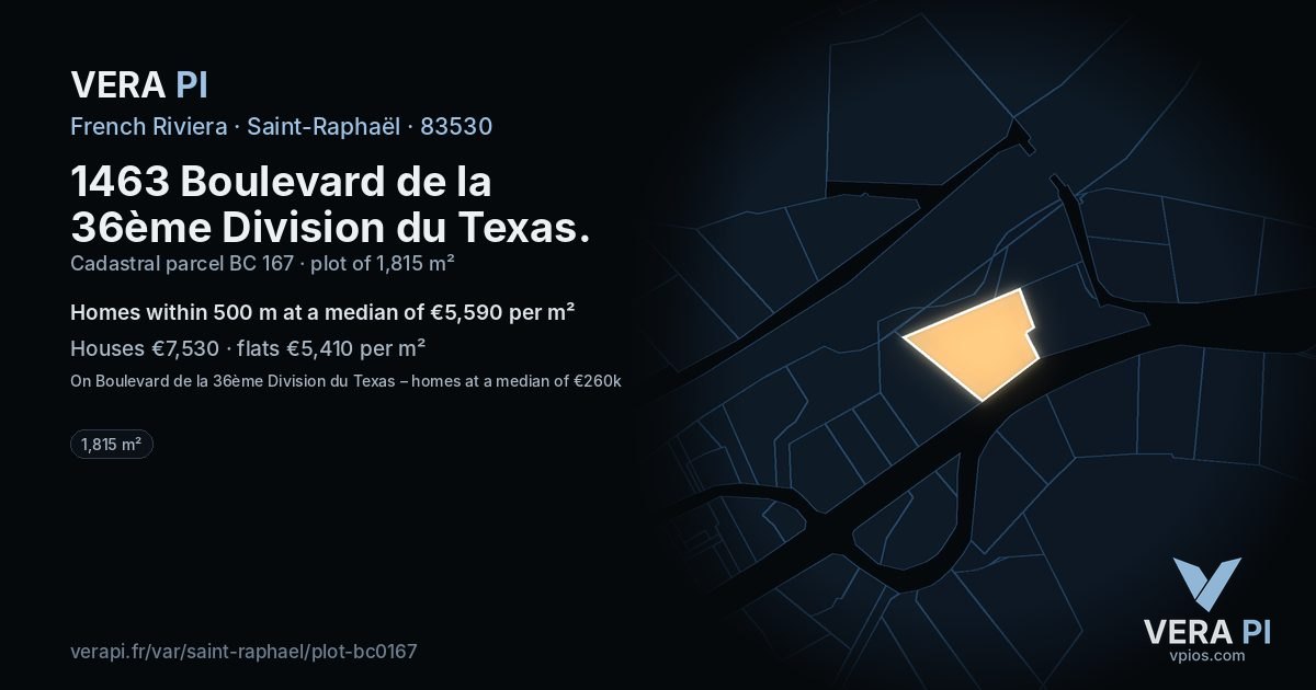 1463 Boulevard de la 36ème Division du Texas, Saint-Raphaël at night – the plot lit, the parcels around coloured by the prices near them